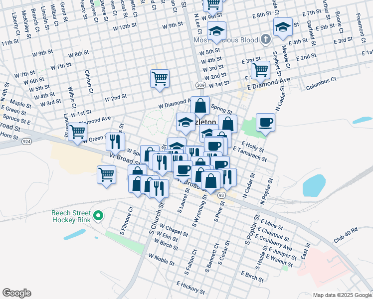 map of restaurants, bars, coffee shops, grocery stores, and more near 79 North Church Street in Hazleton