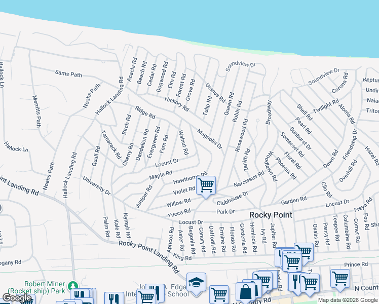 map of restaurants, bars, coffee shops, grocery stores, and more near 47 Locust Drive in Rocky Point