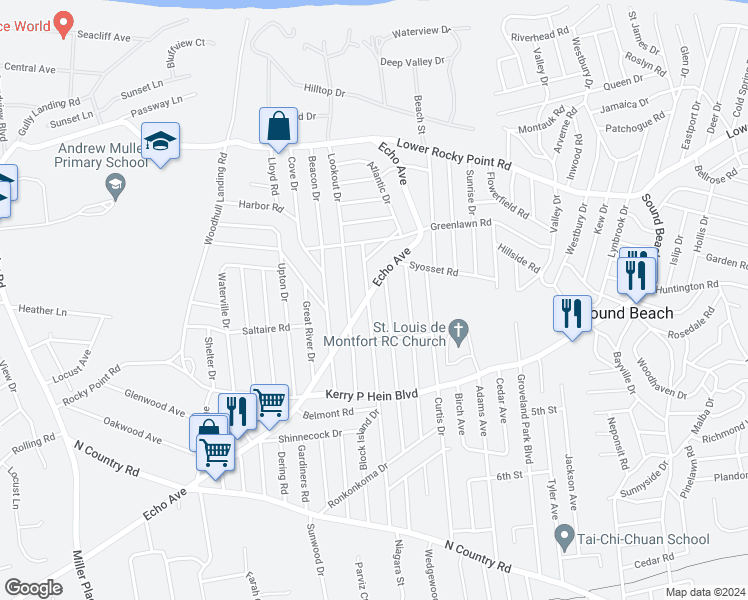 map of restaurants, bars, coffee shops, grocery stores, and more near 115 Halesite Drive in Sound Beach