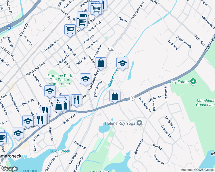 map of restaurants, bars, coffee shops, grocery stores, and more near 1415 Sunnyside Avenue in Mamaroneck