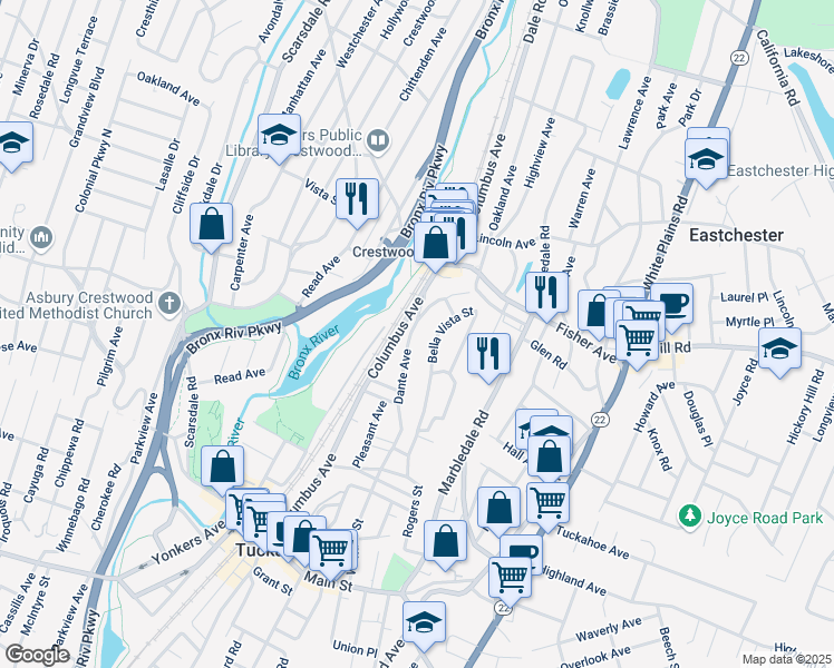 map of restaurants, bars, coffee shops, grocery stores, and more near 220 Dante Avenue in Tuckahoe