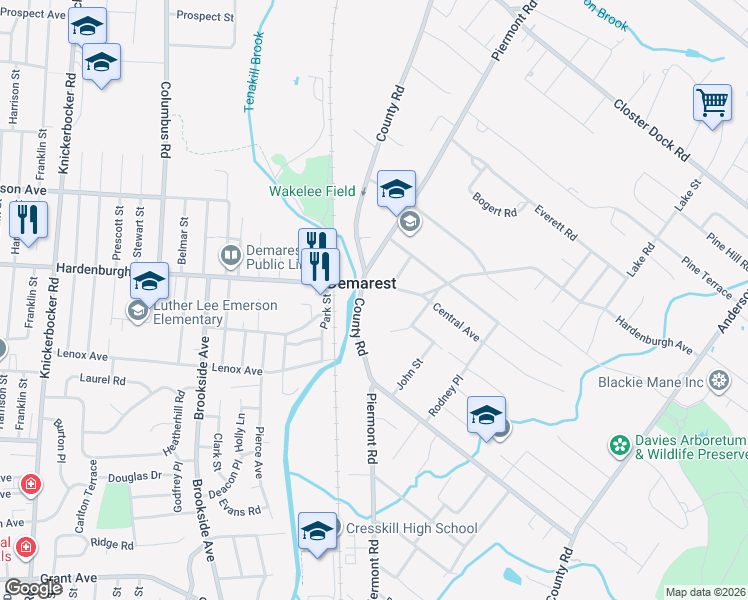 map of restaurants, bars, coffee shops, grocery stores, and more near 218 County Road in Demarest