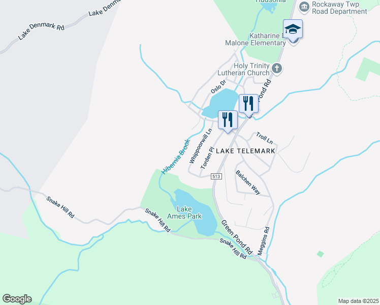 map of restaurants, bars, coffee shops, grocery stores, and more near 33 Whippoorwill Lane in Rockaway