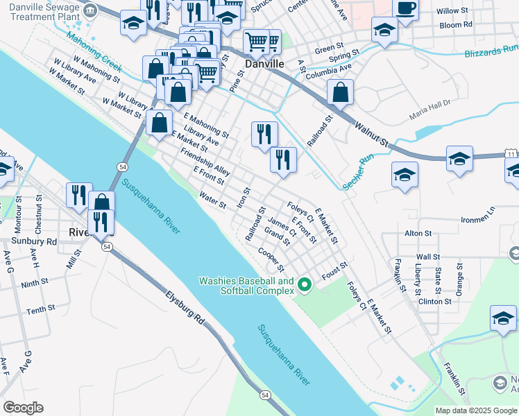 map of restaurants, bars, coffee shops, grocery stores, and more near 556 East Front Street in Danville