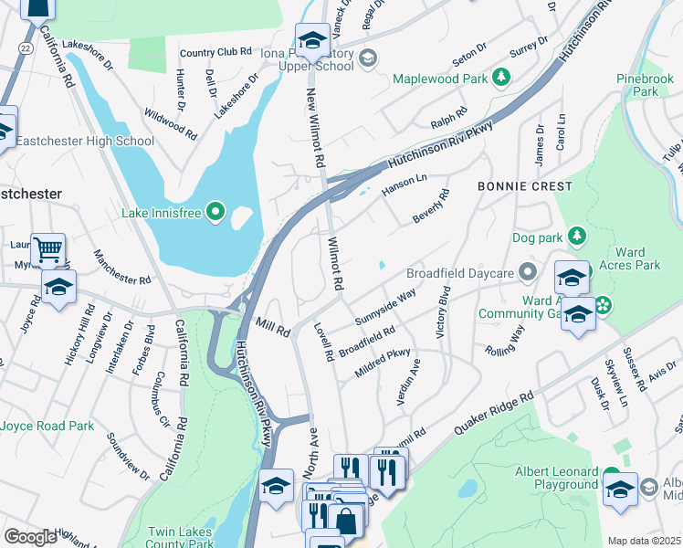 map of restaurants, bars, coffee shops, grocery stores, and more near 12 Lord Kitchener Road in New Rochelle