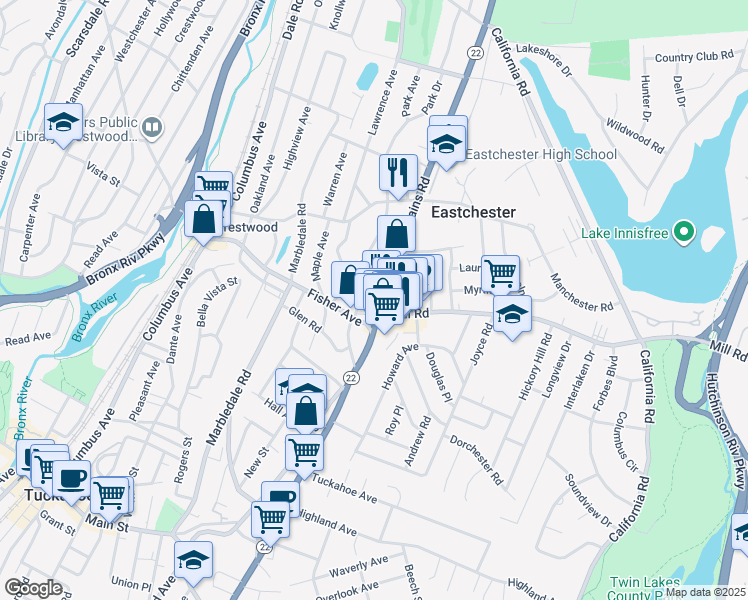map of restaurants, bars, coffee shops, grocery stores, and more near 4 Mill Road in Eastchester