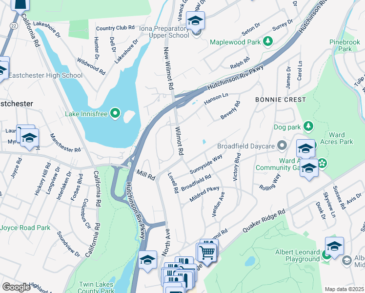 map of restaurants, bars, coffee shops, grocery stores, and more near 12 Lord Kitchener Road in New Rochelle