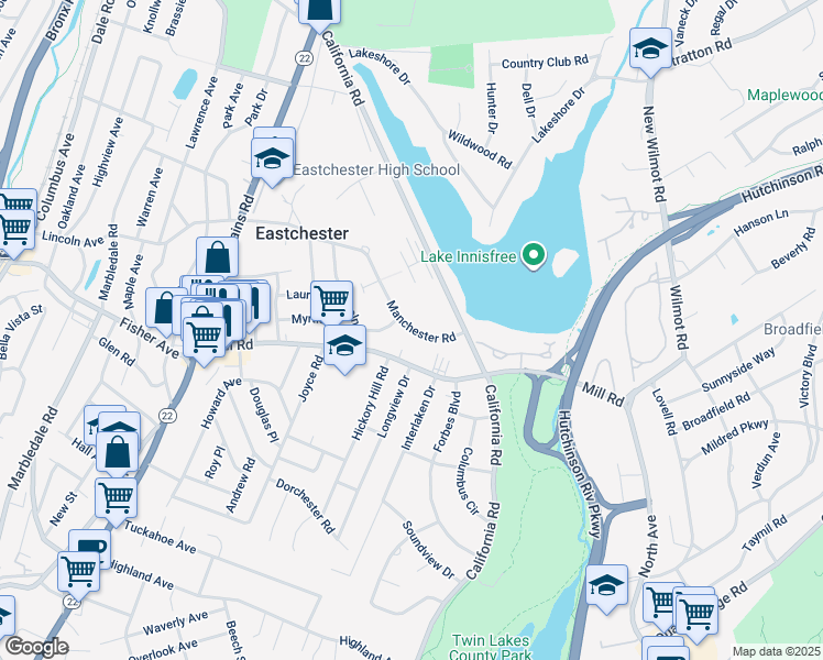 map of restaurants, bars, coffee shops, grocery stores, and more near 1 Hickory Hill Road in Eastchester