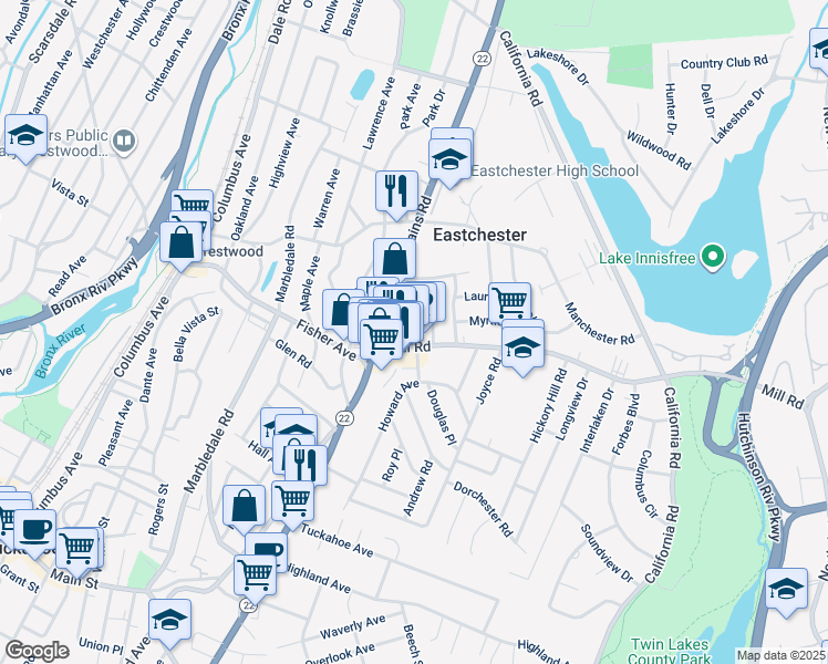map of restaurants, bars, coffee shops, grocery stores, and more near 1 Mayfair Road in Eastchester
