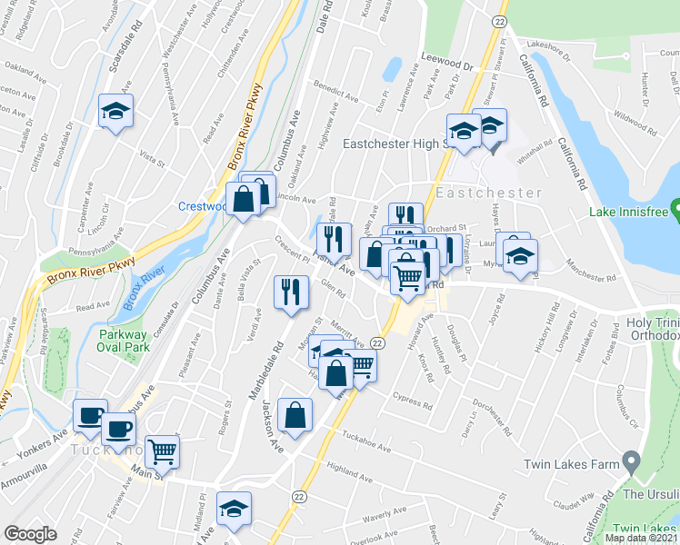 map of restaurants, bars, coffee shops, grocery stores, and more near 23 Glen Road in Eastchester