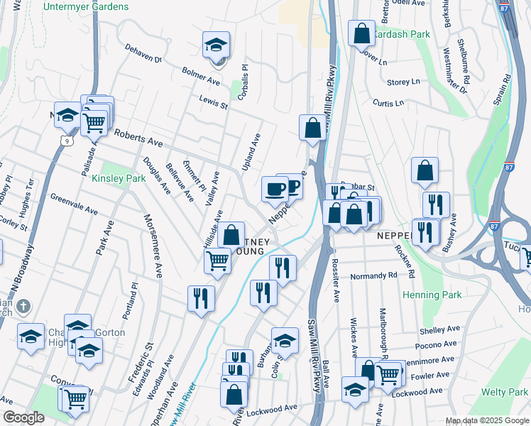 map of restaurants, bars, coffee shops, grocery stores, and more near 923 Nepperhan Avenue in Yonkers