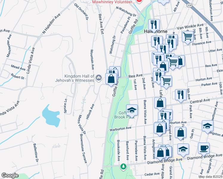map of restaurants, bars, coffee shops, grocery stores, and more near 644 County Road 659 in Hawthorne