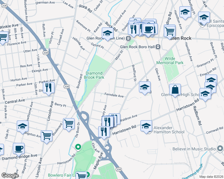 map of restaurants, bars, coffee shops, grocery stores, and more near 63 Ferndale Avenue in Glen Rock
