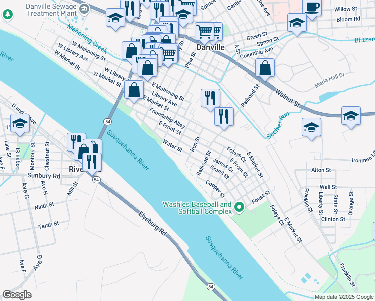 map of restaurants, bars, coffee shops, grocery stores, and more near 449 Water Street in Danville