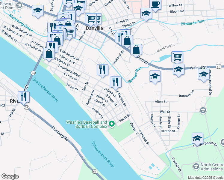map of restaurants, bars, coffee shops, grocery stores, and more near 720 East Market Street in Danville