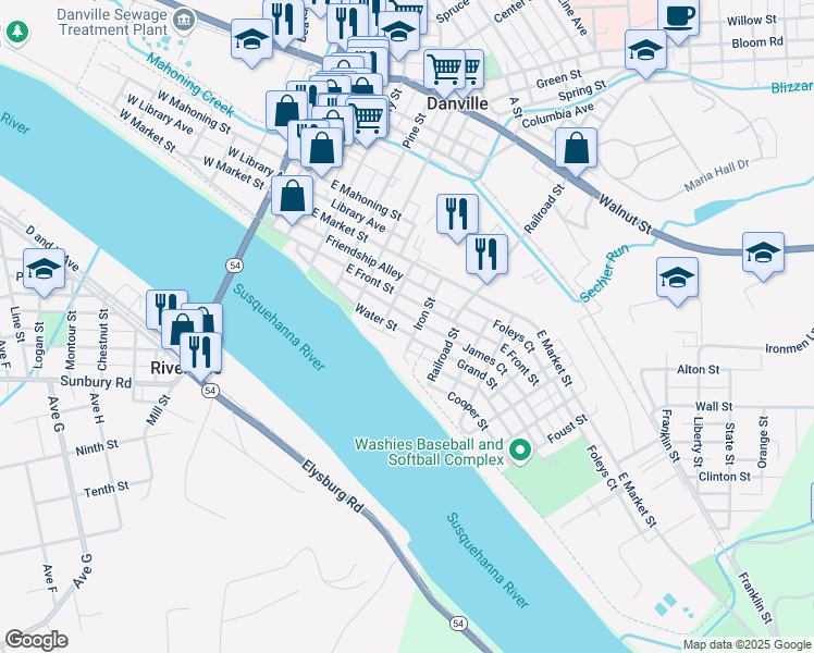 map of restaurants, bars, coffee shops, grocery stores, and more near 449 Water Street in Danville