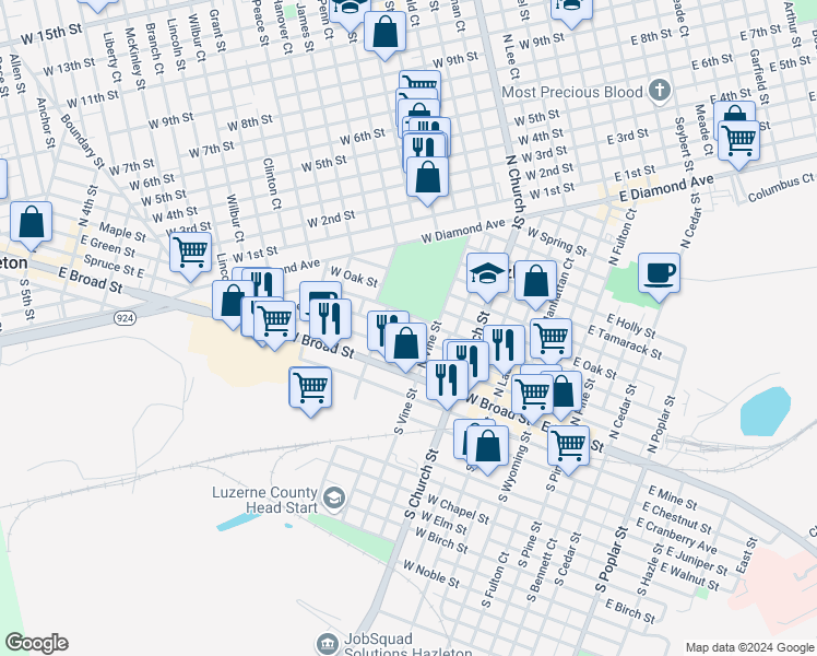 map of restaurants, bars, coffee shops, grocery stores, and more near 316 East Maple Street in Hazleton