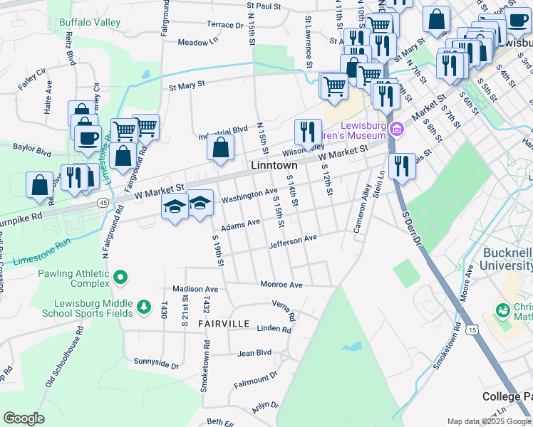map of restaurants, bars, coffee shops, grocery stores, and more near 108 S 15th St in Lewisburg