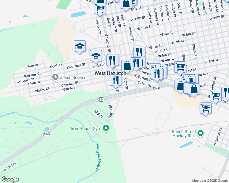 map of restaurants, bars, coffee shops, grocery stores, and more near 101-199 W Branch Ct in West Hazleton