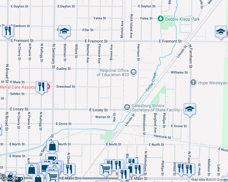 map of restaurants, bars, coffee shops, grocery stores, and more near 901-1025 Greenleaf Street in Galesburg