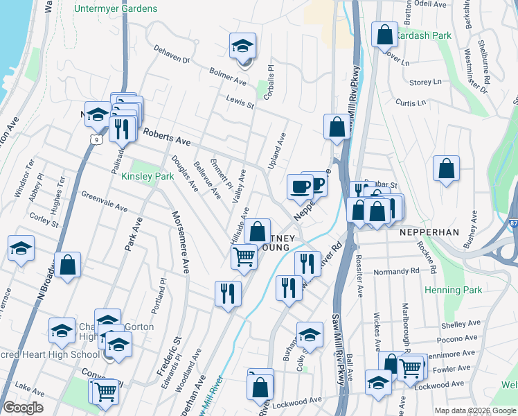 map of restaurants, bars, coffee shops, grocery stores, and more near 370 Roberts Avenue in Yonkers