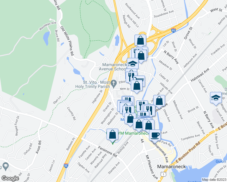 map of restaurants, bars, coffee shops, grocery stores, and more near 797 Old White Plains Road in Mamaroneck