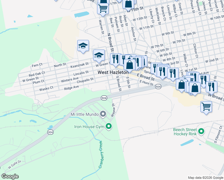 map of restaurants, bars, coffee shops, grocery stores, and more near 101-199 W Branch Ct in West Hazleton