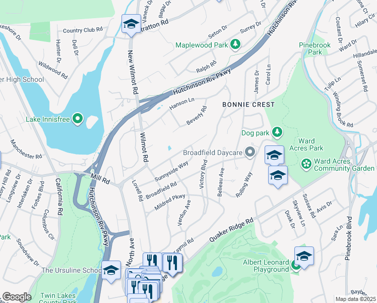 map of restaurants, bars, coffee shops, grocery stores, and more near 74 Lord Kitchener Road in New Rochelle