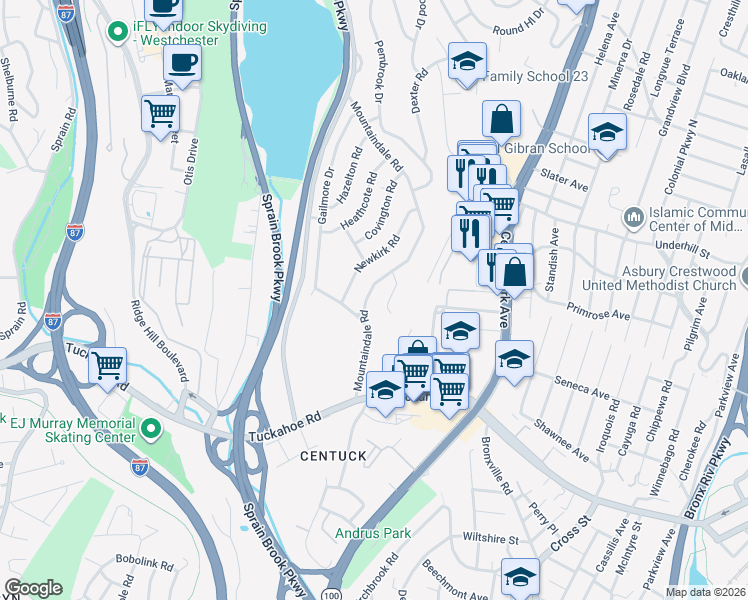 map of restaurants, bars, coffee shops, grocery stores, and more near 26 Newkirk Road in Yonkers