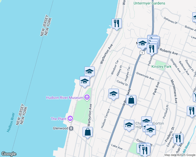 map of restaurants, bars, coffee shops, grocery stores, and more near 633 Warburton Avenue in Yonkers