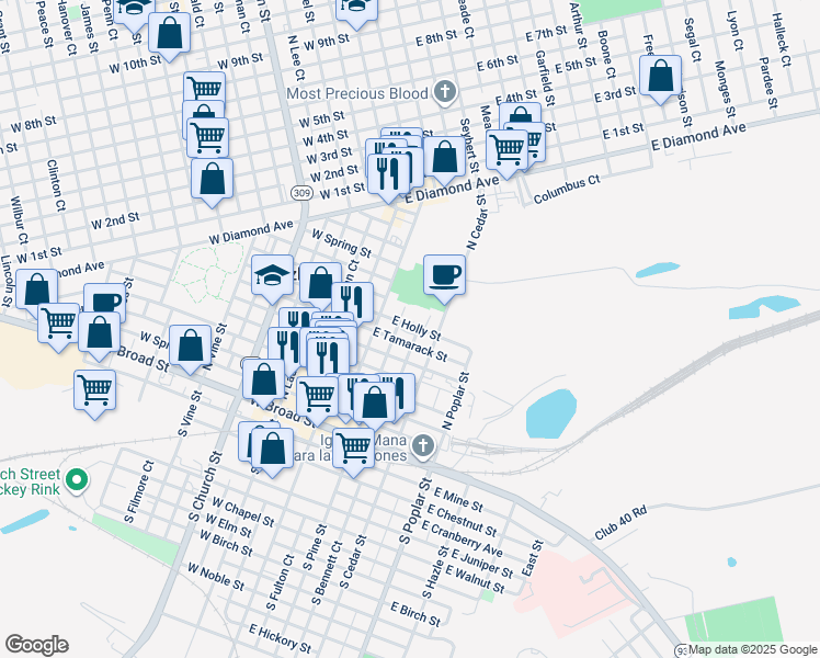 map of restaurants, bars, coffee shops, grocery stores, and more near 136 North Cedar Street in Hazleton