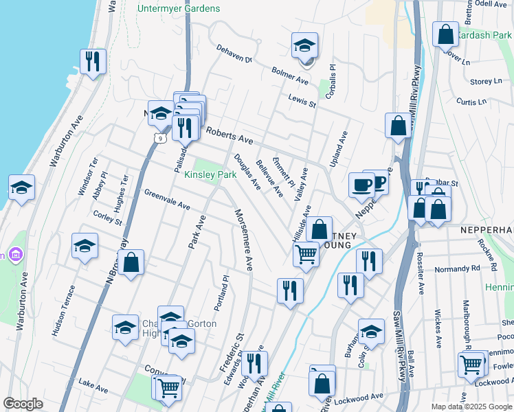 map of restaurants, bars, coffee shops, grocery stores, and more near 151 Chase Avenue in Yonkers