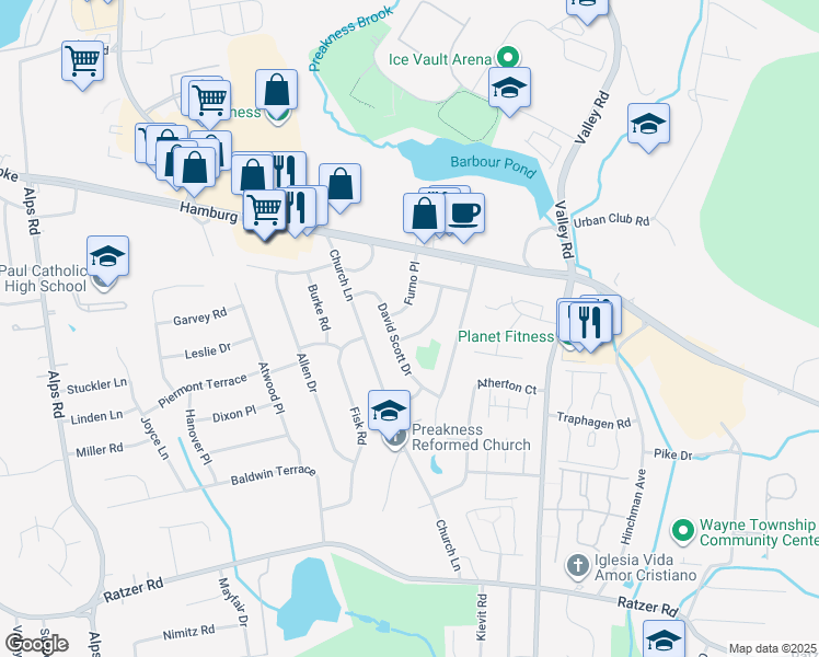 map of restaurants, bars, coffee shops, grocery stores, and more near 10 Furno Place in Wayne