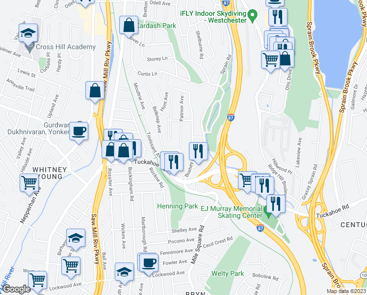 map of restaurants, bars, coffee shops, grocery stores, and more near 68 Patmor Avenue in Yonkers