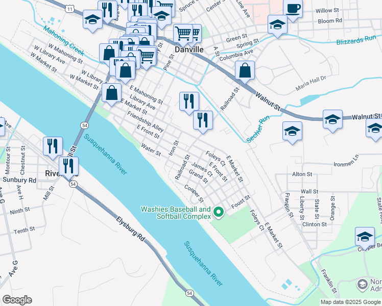 map of restaurants, bars, coffee shops, grocery stores, and more near 219 Railroad Street in Danville