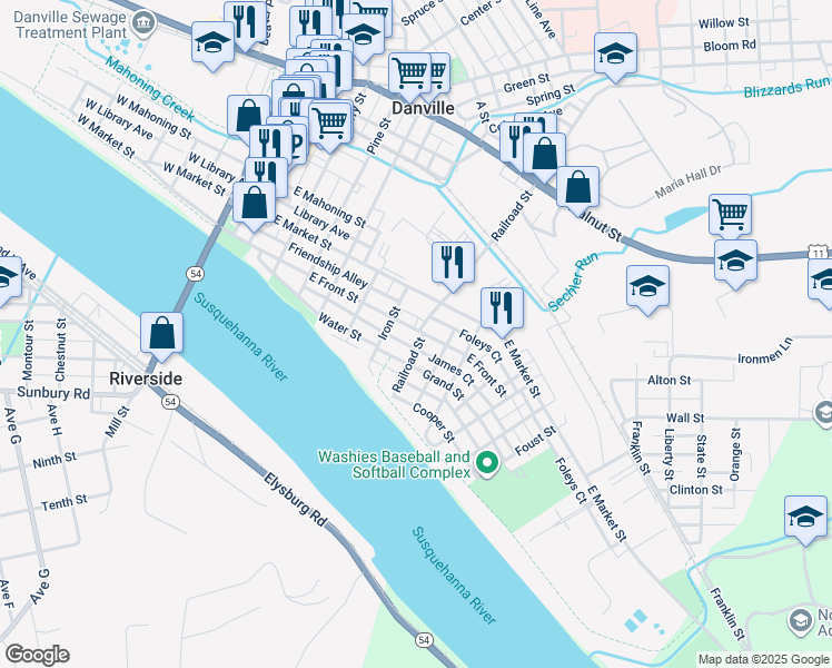 map of restaurants, bars, coffee shops, grocery stores, and more near 556 East Front Street in Danville