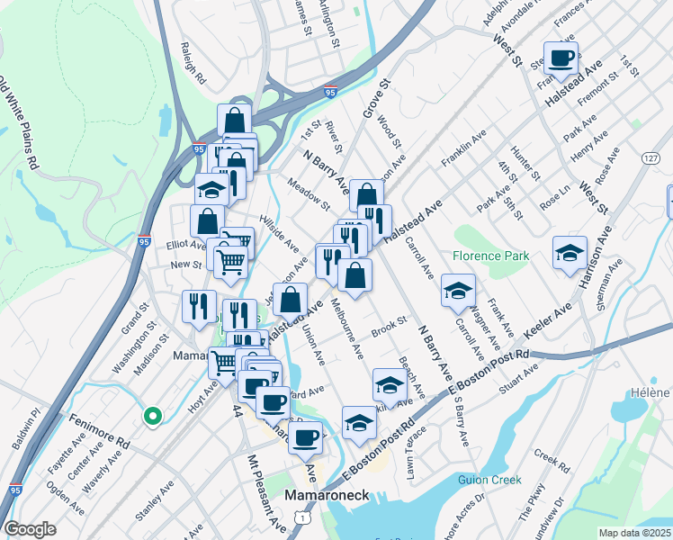 map of restaurants, bars, coffee shops, grocery stores, and more near 521 Jefferson Avenue in Mamaroneck
