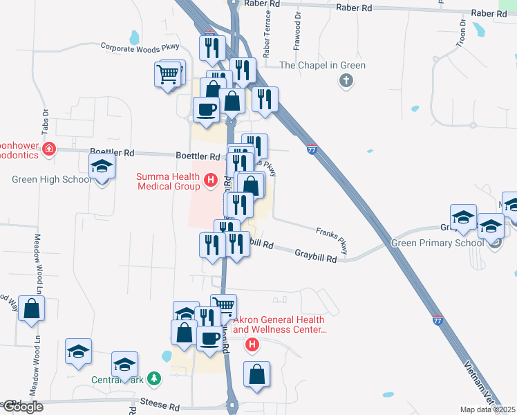 map of restaurants, bars, coffee shops, grocery stores, and more near 3875 Massillon Road in Uniontown