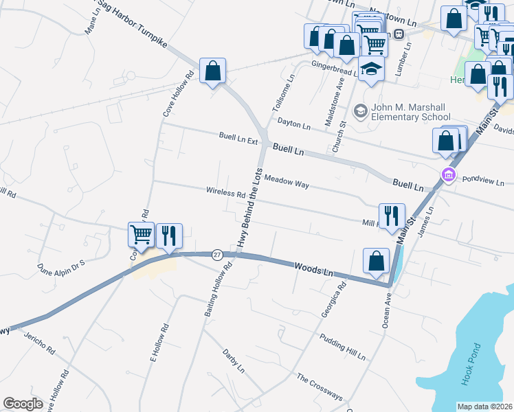 map of restaurants, bars, coffee shops, grocery stores, and more near 66 Toilsome Lane in East Hampton