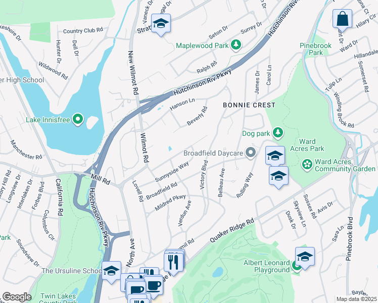 map of restaurants, bars, coffee shops, grocery stores, and more near 74 Lord Kitchener Road in New Rochelle
