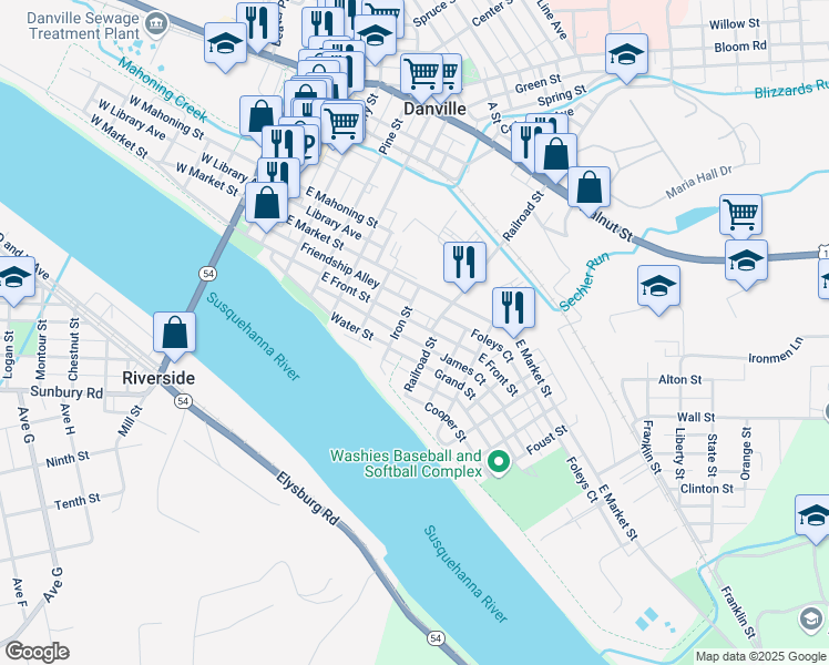 map of restaurants, bars, coffee shops, grocery stores, and more near 532 East Front Street in Danville
