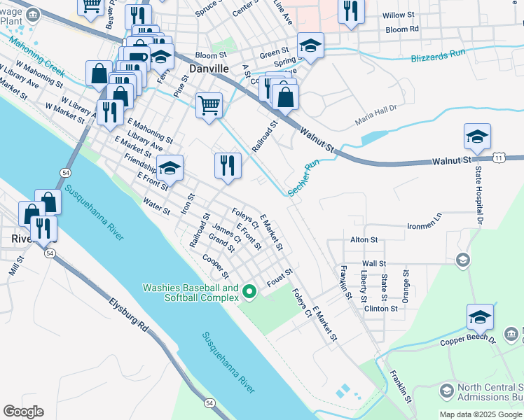 map of restaurants, bars, coffee shops, grocery stores, and more near 753 East Market Street in Danville