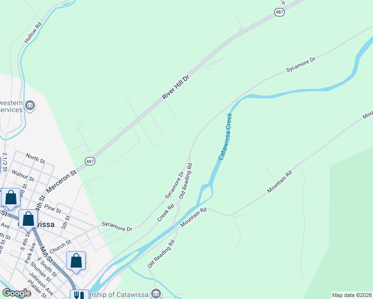 map of restaurants, bars, coffee shops, grocery stores, and more near Sycamore Drive in Catawissa
