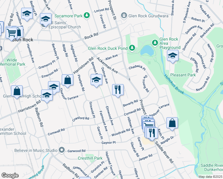 map of restaurants, bars, coffee shops, grocery stores, and more near 69 Delmar Avenue in Glen Rock
