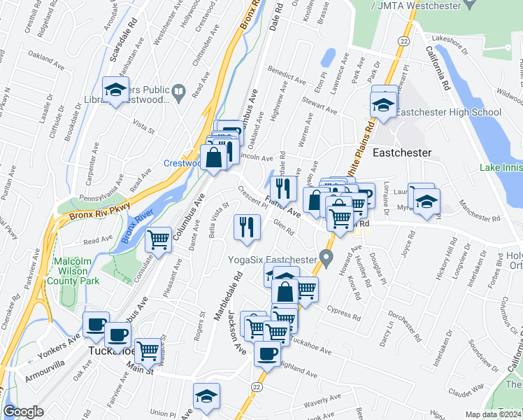 map of restaurants, bars, coffee shops, grocery stores, and more near 64 Fisher Avenue in Tuckahoe