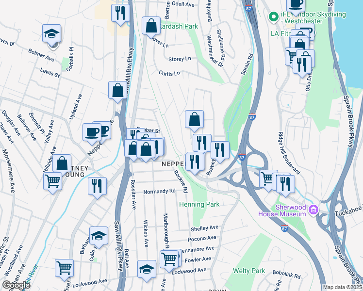 map of restaurants, bars, coffee shops, grocery stores, and more near 25 Chelsea Place in Yonkers