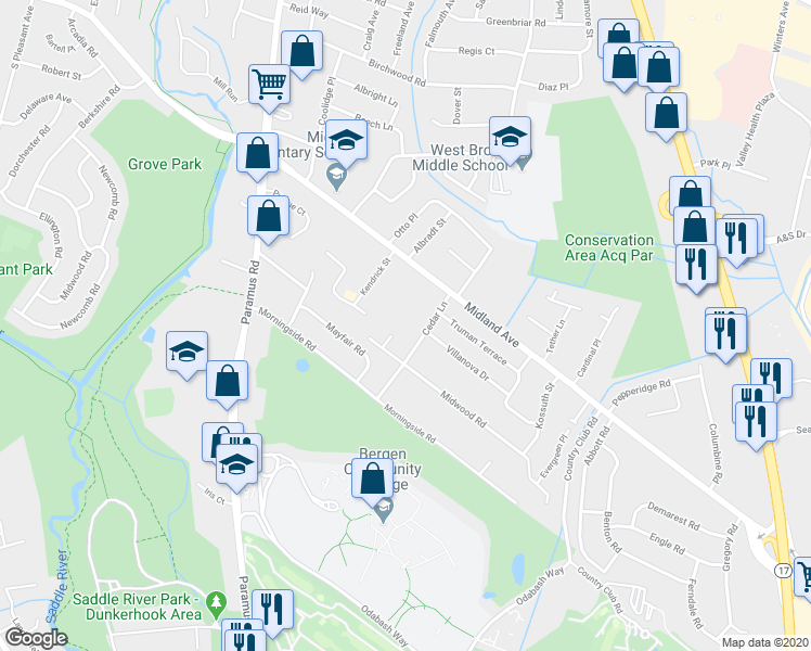 map of restaurants, bars, coffee shops, grocery stores, and more near 3 Cedar Lane in Paramus