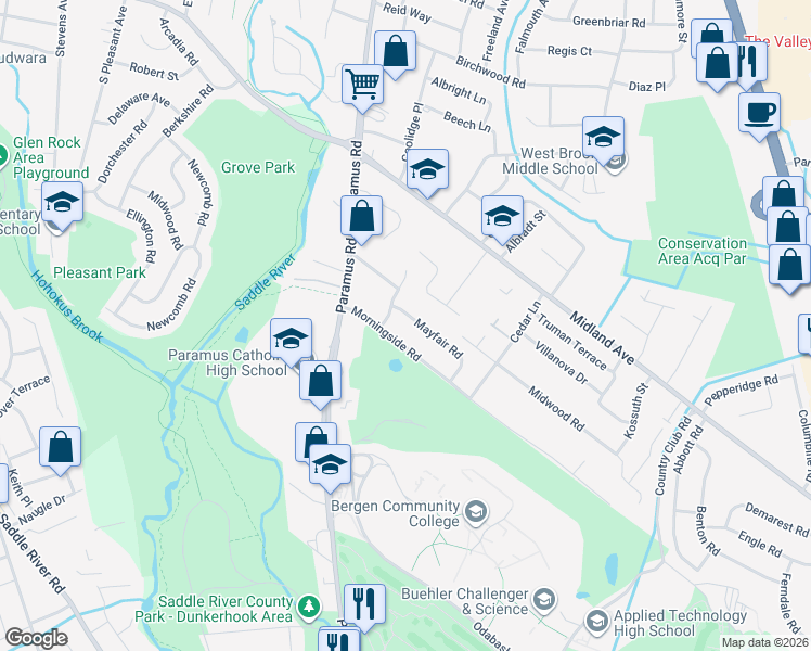 map of restaurants, bars, coffee shops, grocery stores, and more near 221 Mayfair Road in Paramus