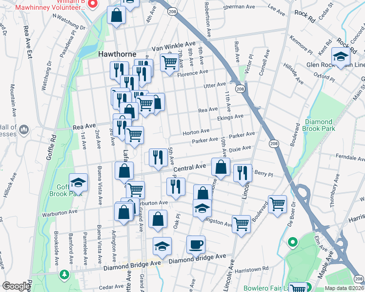 map of restaurants, bars, coffee shops, grocery stores, and more near 18 Horton Avenue in Hawthorne