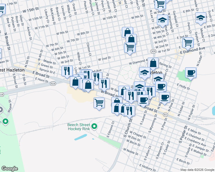 map of restaurants, bars, coffee shops, grocery stores, and more near in Hazleton